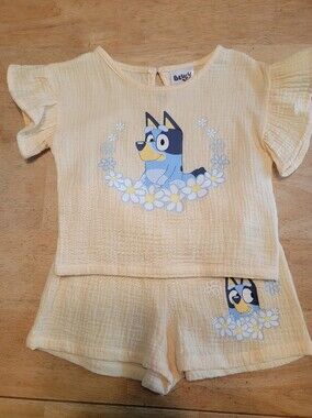 Baby 2-piece Soft Yellow Short Sleeve, Shorts Bluey Set- 12 Months
